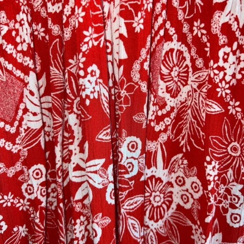 Angie Floral Print Jumpsuit Wide Leg Ruffled Smocked‎ Red White Size S